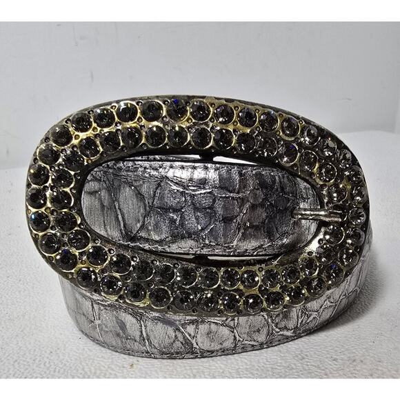 Leatherock Accessories - LeatherRock Metallic Silver Leather Belt Rhinestone Buckle Croc Embossed Sz 36”